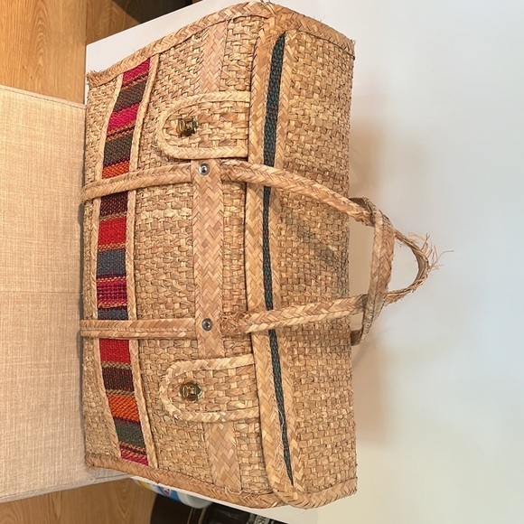 Vintage 1960’s Woven Grasscloth Straw XL Foldover Closure Tote - Picture 5 of 12